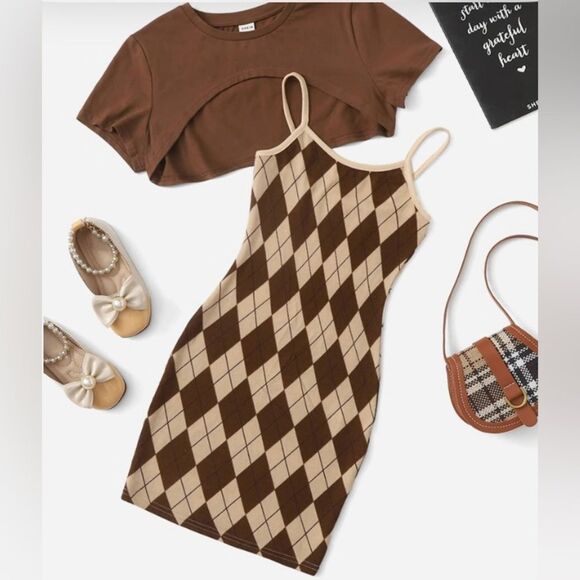 SHEIN Halter Brown Argyle Mini Dress Adjustable Straps Size L 8/10 - Picture 2 of 10